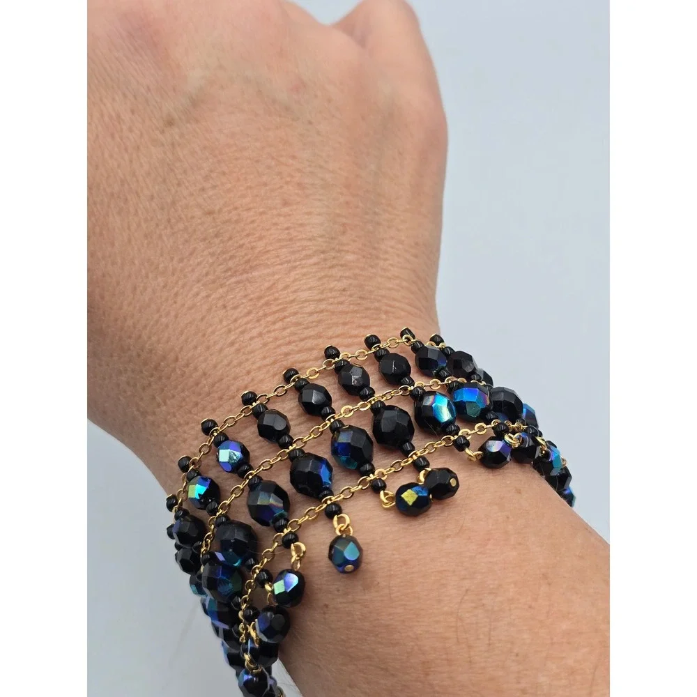 Joan Rivers Beaded Bib Bracelet Women Black AB Gold Excellent Statement Fringe
